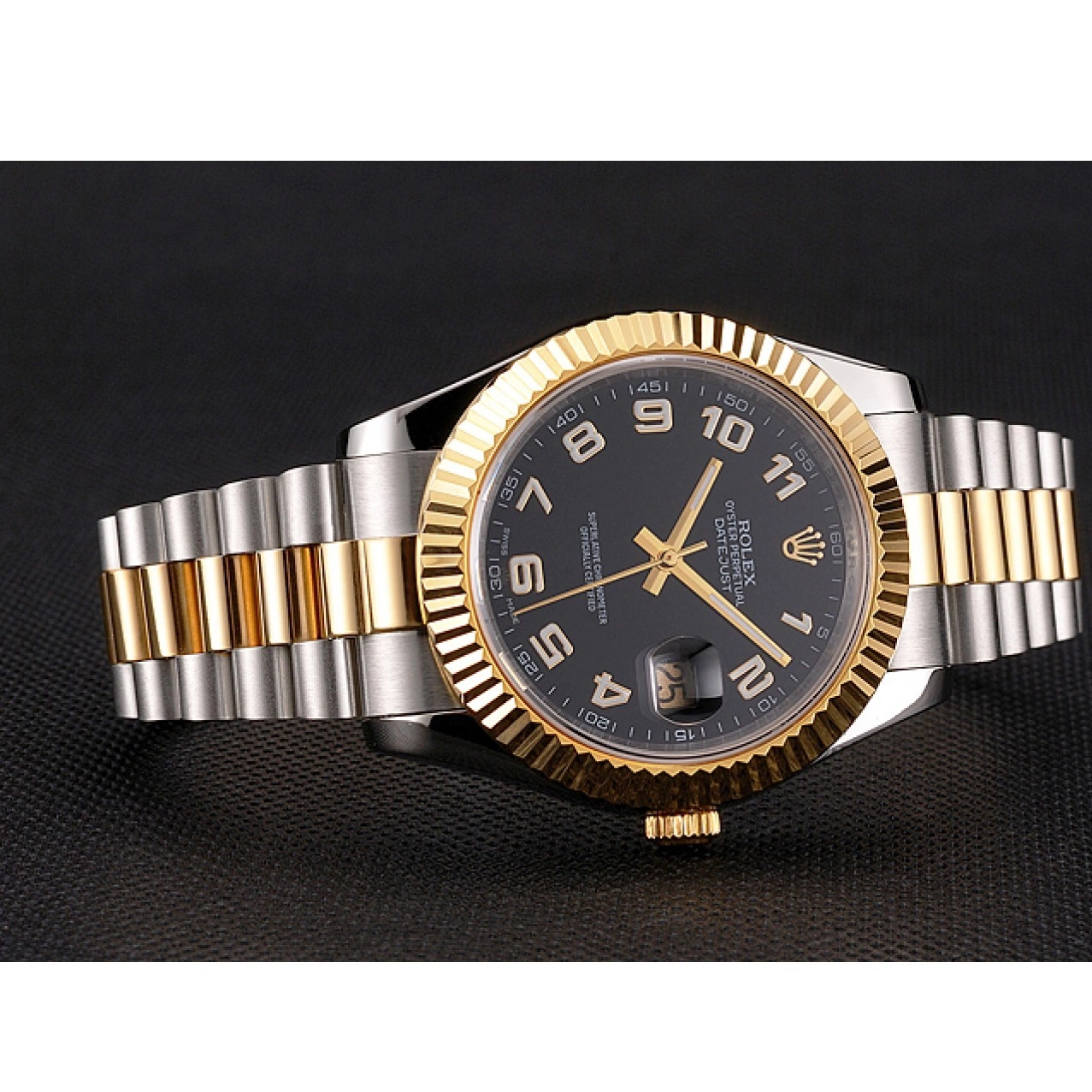 Aaa fake watches Gold Bezel Case Bracelet Swiss Tone Dial Steel Two Datejust Stainless Rolex Black 0825